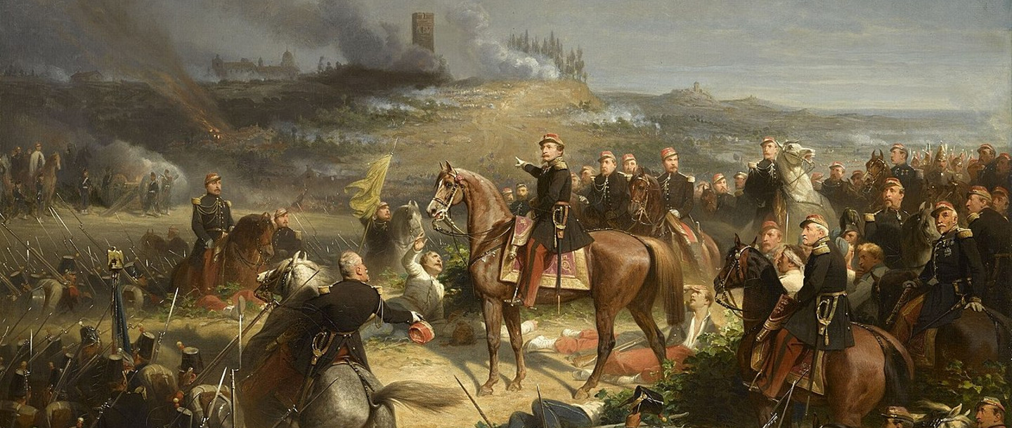 Dipinto storico della battaglia di San Martino con le truppe del Regio Esercito in combattimento.