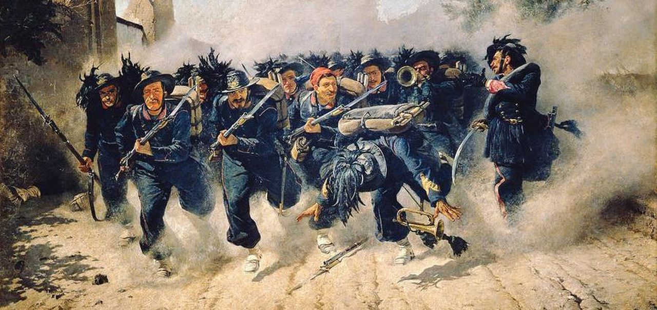 Bersaglieri del Regio Esercito Italiano in carica nell'episodio storico della Breccia di Porta Pia.